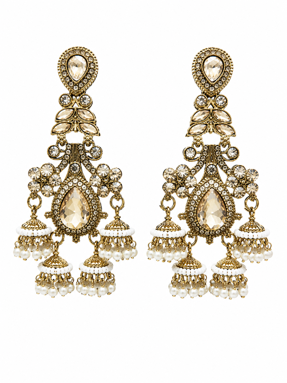 Ornate Gold Chandelier Crystal Earrings with Pearls - Wholesale Bridal